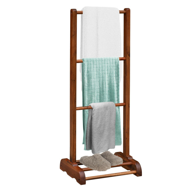 3-Bar Acacia Wood Freestanding Bathroom Towel Rack with Bottom Storage Shelf (Brown)