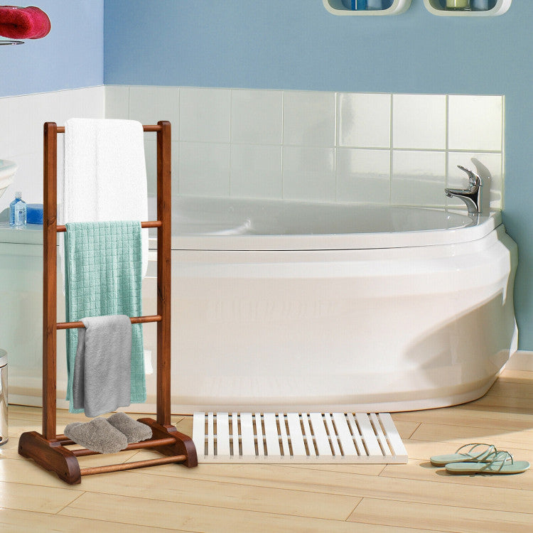 3-Bar Acacia Wood Freestanding Bathroom Towel Rack with Bottom Storage Shelf (Brown)