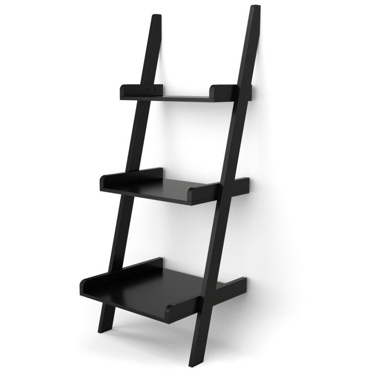 3 Tier Leaning Rack Wall Book Shelf Ladder (Black)