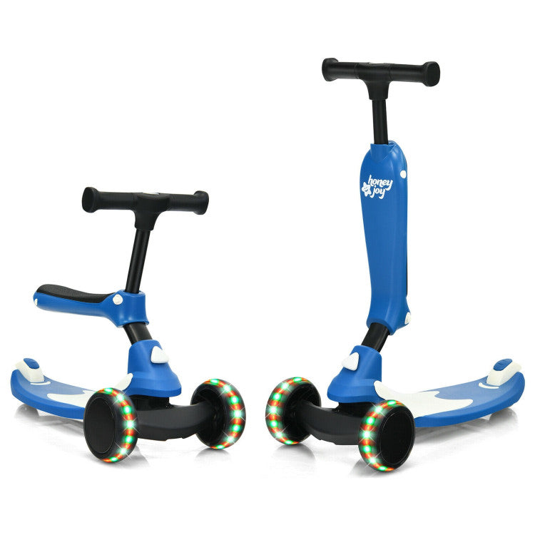 2 in 1 Kids Kick Scooter with Flash Wheels for Girls Boys from 1.5 to 6 Years Old - Blue