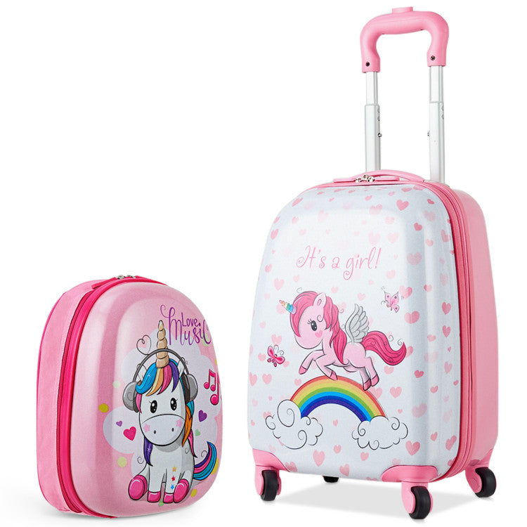 2 Pieces Kids Luggage Set 12-inch Backpack and 16-inch Rolling Suitcase Travel - Flamingo