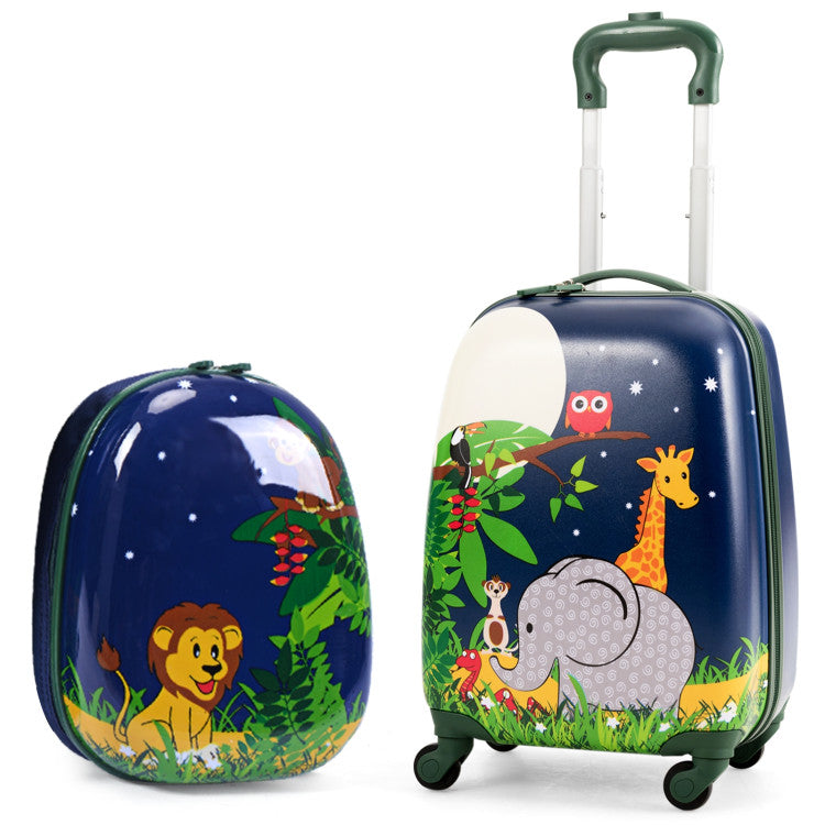 2 Pieces Kids Luggage Set 12-inch Backpack and 16-inch Rolling Suitcase Travel - Flamingo