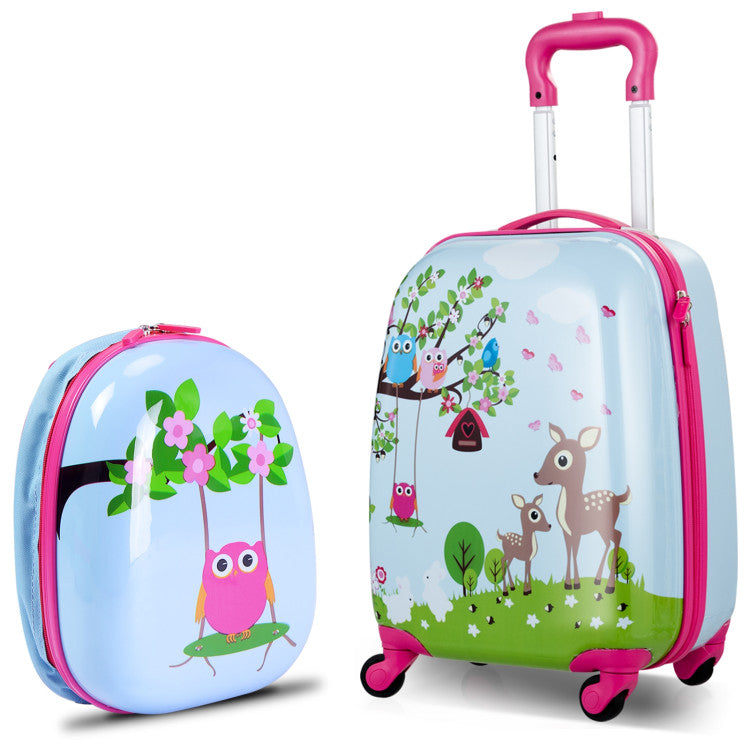 2 Pieces Kids Luggage Set 12-inch Backpack and 16-inch Rolling Suitcase Travel - Flamingo