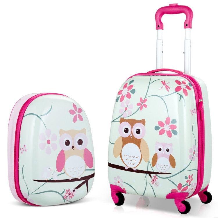 2 Pieces Kids Luggage Set 12-inch Backpack and 16-inch Rolling Suitcase Travel - Flamingo