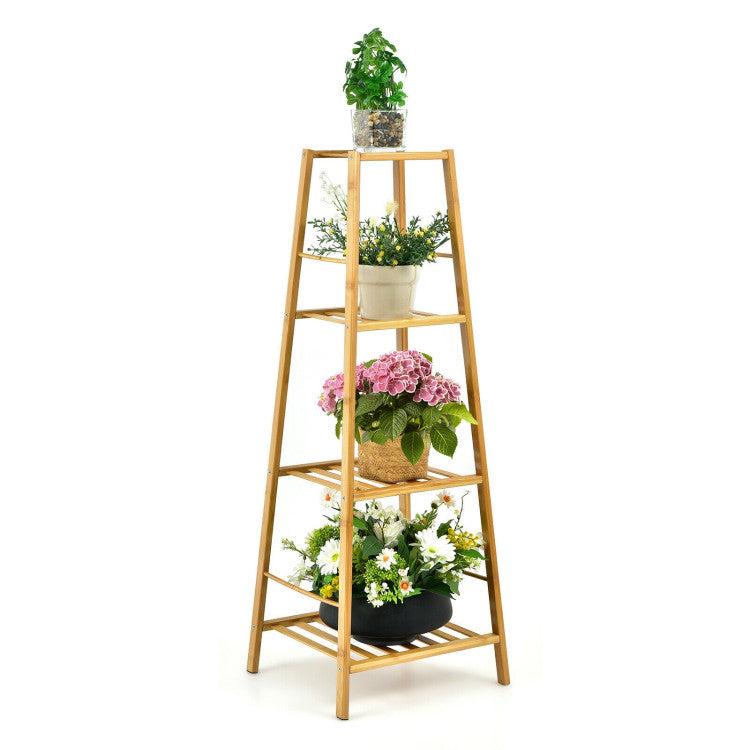 4-Potted Bamboo Tall Plant Holder Stand - Natural