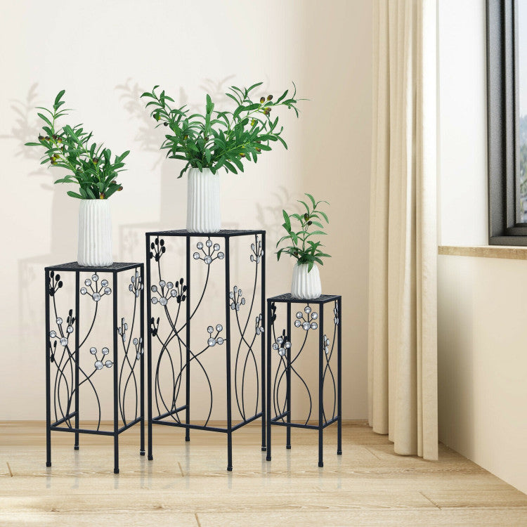 3 Pieces Metal Plant Stand Set with Crystal Floral Accents Square