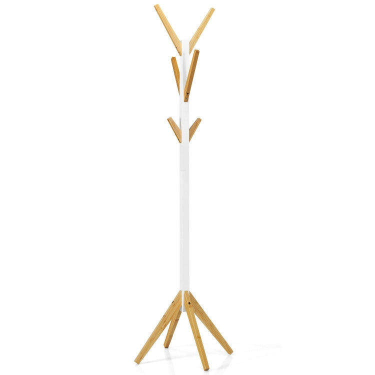 Bamboo Coat Rack Stand with 6 Hooks (White)