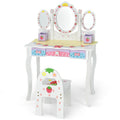 Kids Vanity Princess Makeup Dressing Table Chair Set with Tri-fold Mirror