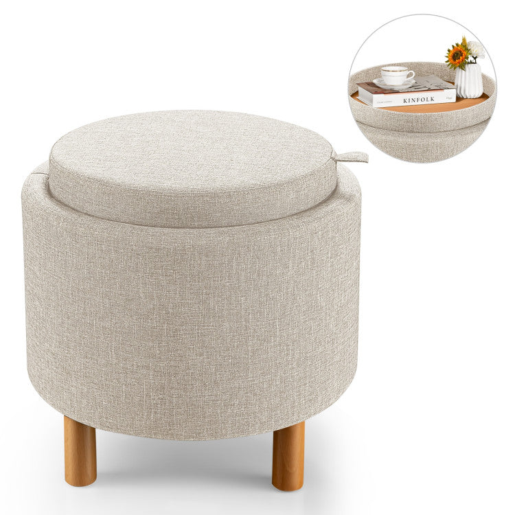 Round Storage Ottoman with Tray Top Accent Padded Footrest