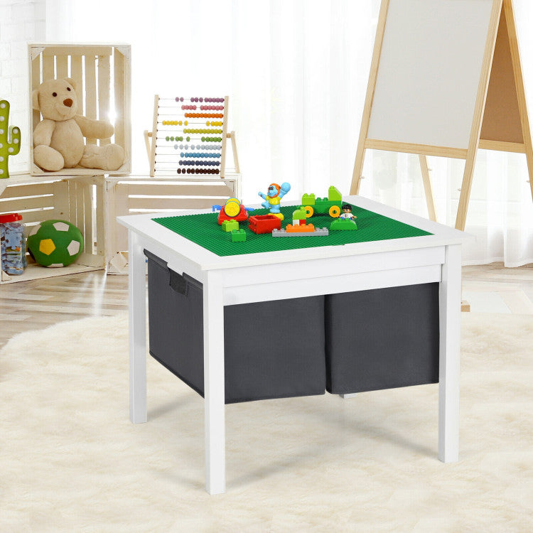 2-in-1 Kids Double-sided Activity Building Block Table with Drawers - White