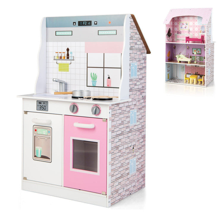 2-In-1 Kids Kitchen Playset and Dollhouse with Accessories