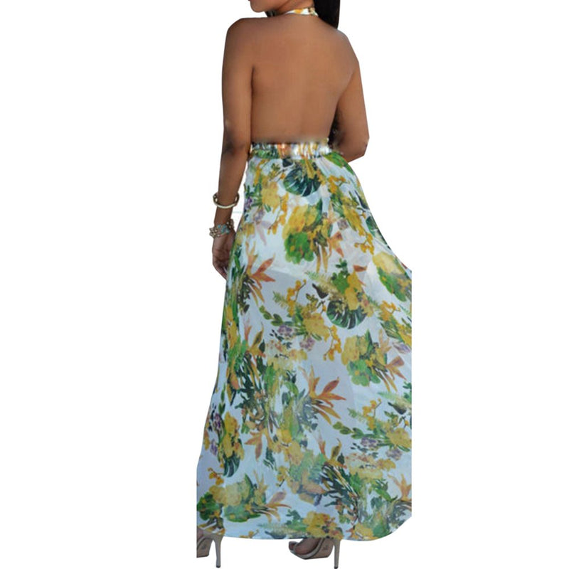 V Neck Jumpsuit Floral Print Long Split Sleeveless Dress