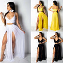 Summer Beach Party Dress Maxi Crop Top Two Piece Split Skirt Set