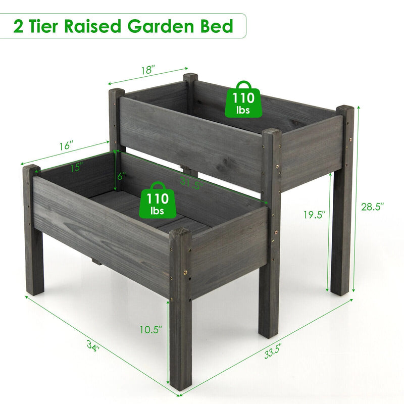2 Tier Wooden Raised Garden Bed Elevated Planter Box w/Legs Drain Holes