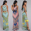 Traditional V-Neck Split Print Long Skirt Beach Dress Print Sleeveless Dress