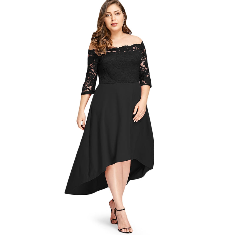 SOVALRO Plus Size XL-5XL Off Shoulder Dip Hem Lace long Dress