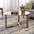 Round Glass Coffee Table Easy Assembly with Tempered Glass Top Wood Base