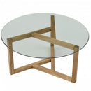 Round Glass Coffee Table Easy Assembly with Tempered Glass Top Wood Base