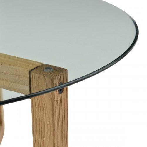 Round Glass Coffee Table Easy Assembly with Tempered Glass Top Wood Base