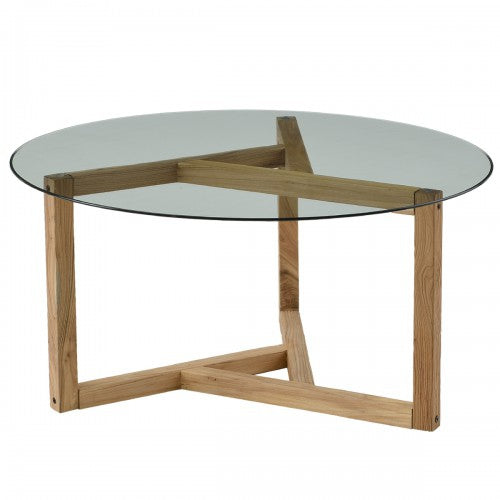 Round Glass Coffee Table Easy Assembly with Tempered Glass Top Wood Base