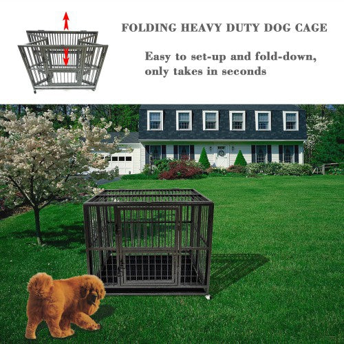 43'' Heavy Duty Dog Cage Strong Folding Metal Crate Kennel and Playpen for Medium and Large Dogs with Double Door Tray and Rolling Wheels