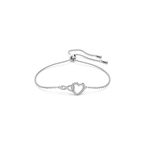 Heart Bracelet with White Crystals, Infinity Symbol and Heart Intertwined on a Rhodium