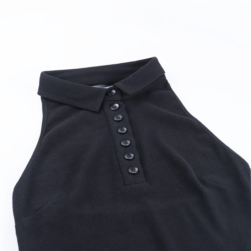 WannaThis Halter V-Neck Mini Dresses Front Button Backless Elastic Knitted Dress
