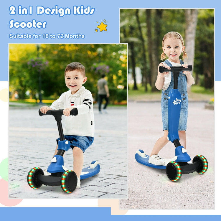 2 in 1 Kids Kick Scooter with Flash Wheels for Girls Boys from 1.5 to 6 Years Old - Blue