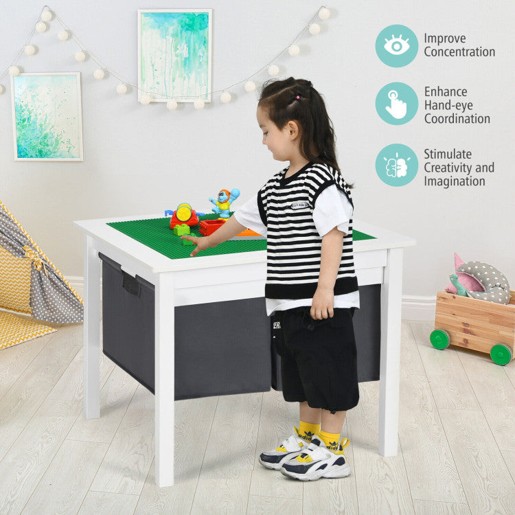 2-in-1 Kids Double-sided Activity Building Block Table with Drawers - White