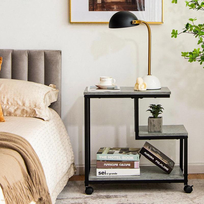 3 Tier Side Table with Casters Mobile End Table Storage for Living Room, Bedroom