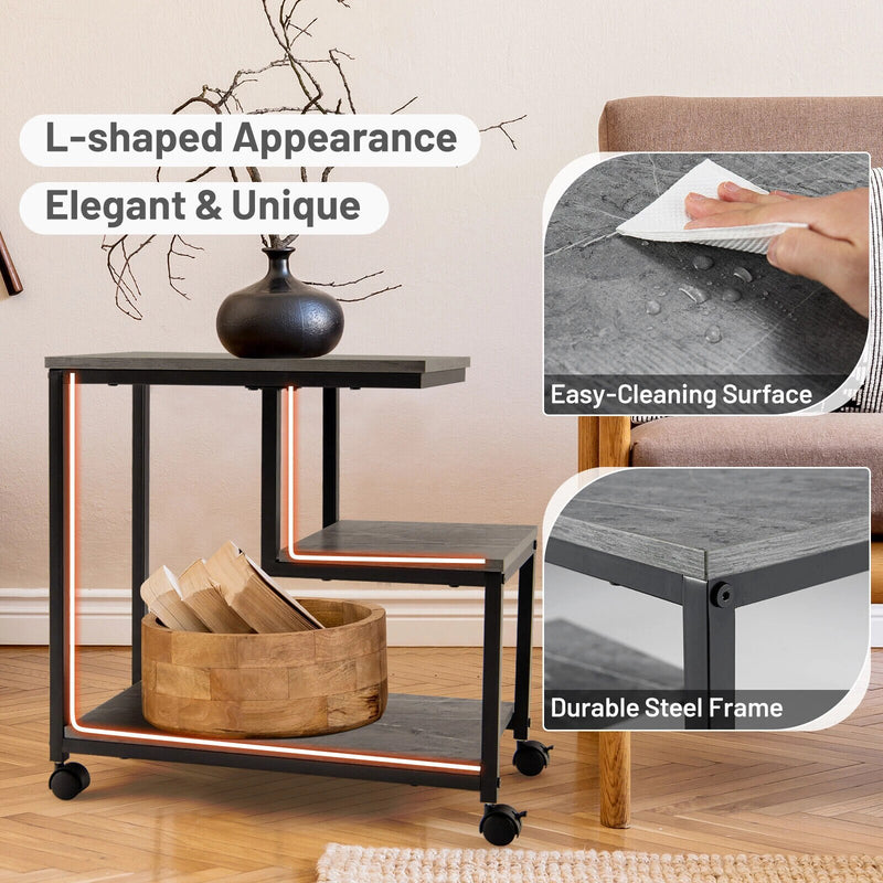 3 Tier Side Table with Casters Mobile End Table Storage for Living Room, Bedroom