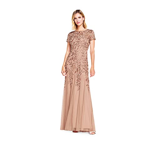 Adrianna Papell Women's Floral Beaded Godet Gown, Rose Gold, 14