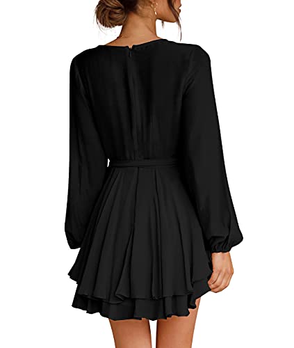 Womens Skater Dress Deep V-Neck Lantern Sleeve Tie Waist Ruffle Mini Dress Black L