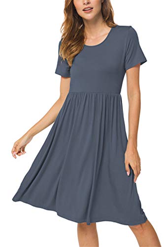 Women Summer Casual Short Sleeve Dresses Empire Waist Dress with Pockets