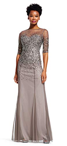 women's 3/4 Sleeve Beaded Illusion Gown with Sweetheart Neckline, Lead, 16