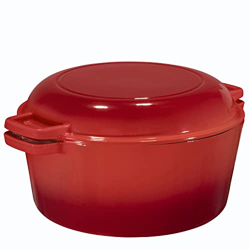 2 in 1 Enameled Cast Iron Double Dutch Oven & Skillet Lid, 5-Quart, Fire Red -