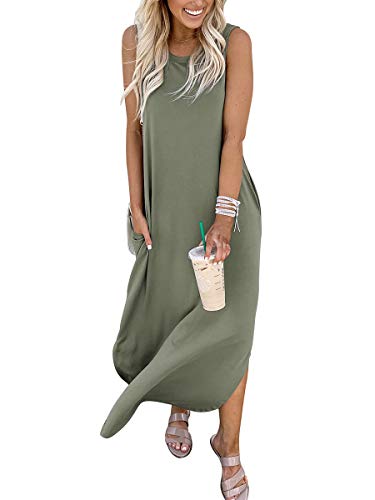 Women Dresses Sleeveless Split Long Maxi Beach Dress with Pockets