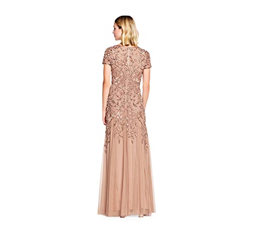 Adrianna Papell Women's Floral Beaded Godet Gown, Rose Gold, 14