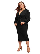 Women's Plus Size V Neck Lantern Sleeve Midi Belted Bodycon Dress Black 2XL
