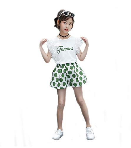 Girls Birthday Outfits Size 7-8 Little Kids Short Sleeve White Top Green Shorts Set