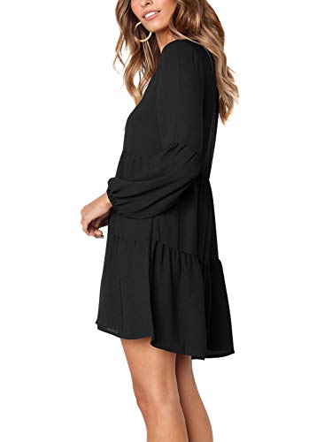 Women's Deep V Neck Loose Shift Pleated Tunic Dress Long Sleeves Black S