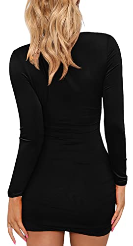 Women's Sexy Long Sleeve V Neck Ruched Bodycon Mini Party Cocktail Dress Black