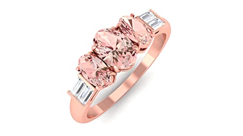 1.25 CT Oval Cut Morganite Three Stone Ring with Diamond , 14K Yellow Gold