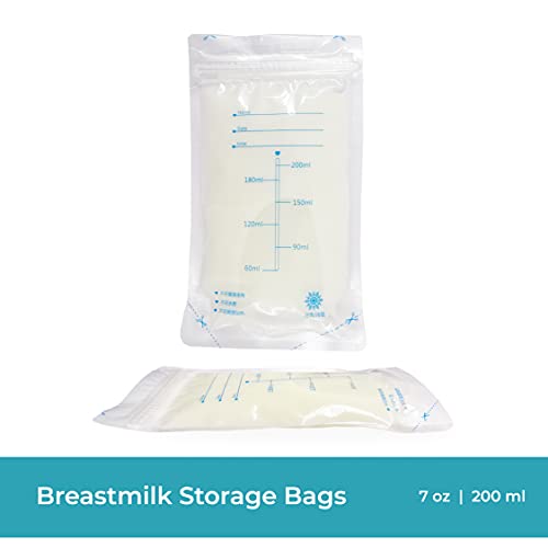 Breastmilk Storage Bags 7 Oz 200 ml Double Zipper Seal, Extra Thick, Self Standing Bag