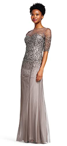 women's 3/4 Sleeve Beaded Illusion Gown with Sweetheart Neckline, Lead, 16