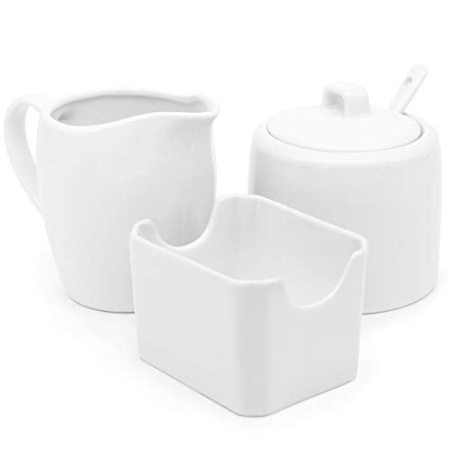 Sugar and Creamer Set, 3 Piece, Pitcher, Sugar Bowl with Lid and Spoon, Sweetener Holder, White
