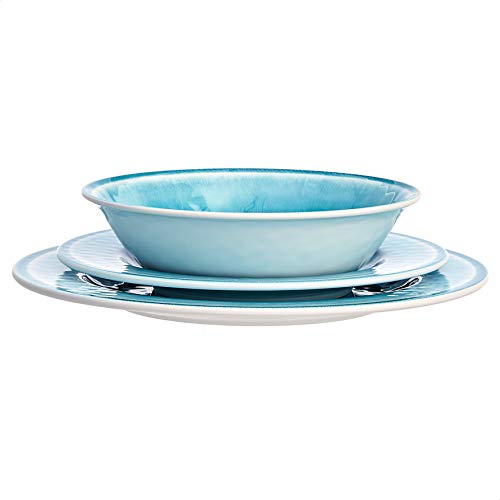 Amazon Basics Melamine Dinnerware Set, Service for 4, Teal Crackle Glaze - Set of 12