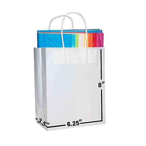 [100 Bags] 6.25x3.5x8. White Kraft Paper Gift Bags with Handles Bulks. Ideal