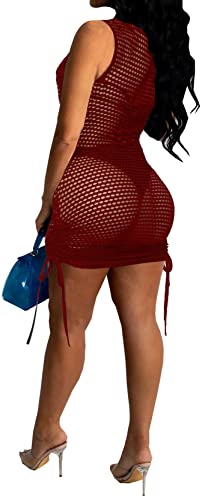 Women's Sexy Swimsuits Coverups See Through Tank Top Mesh Elegant Beachwear Bodycon Dresses with Drawstrings
