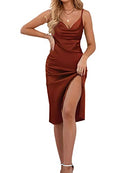 Satin Drape Cowl Neck Sleeveless Strappy Cami Split Slit Cocktail Party Midi Dress Rust